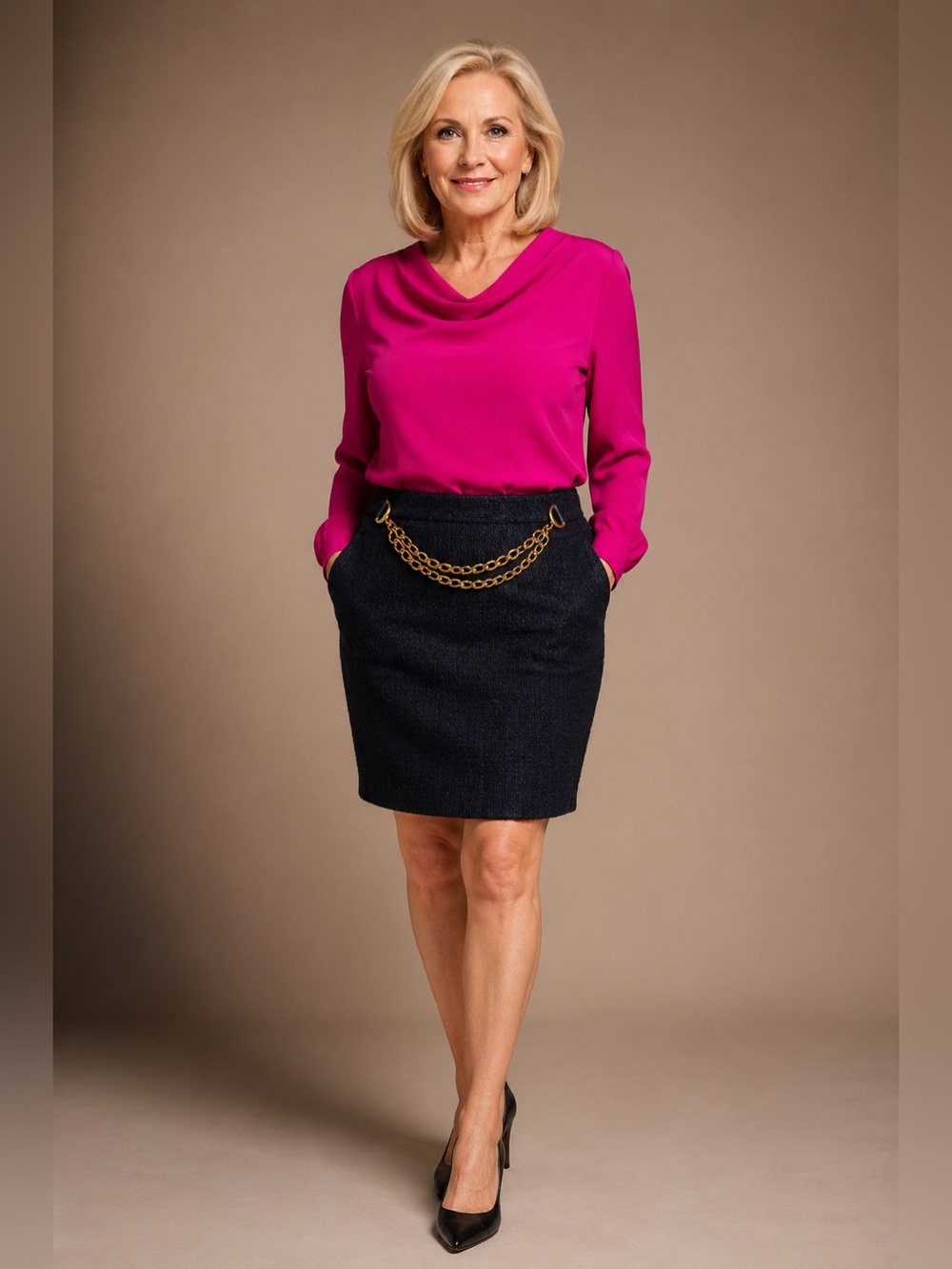 VINTAGE MILLY of NEW YORK BLACK SKIRT A-Line  with GOLD CHAIN ACCENT